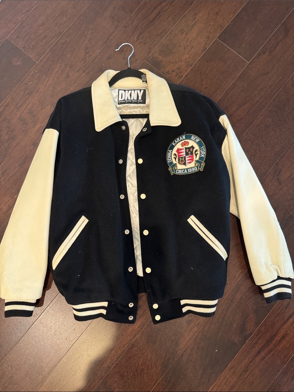 Vintage 90’s DKNY Black and Cream Leather-Sleeve Varsity Jacket